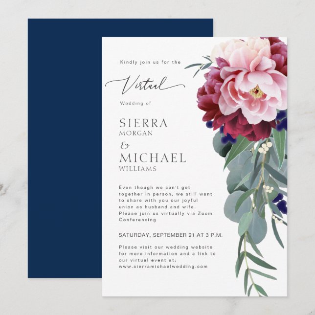 Invitación Boda azul de la marina rosa rosa de Rubor virtual (Anverso / Reverso)