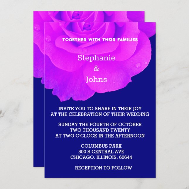 Invitación Boda azul de la Marina Rosa Rosa Rosa Morada Viole (Anverso / Reverso)