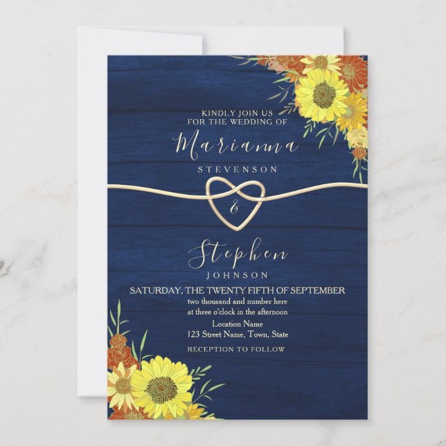 Invitación Boda azul de la Marina Rusa del Girasol (Anverso)