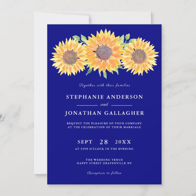 Invitación Boda azul de la Marina Rustic Sunflowers (Anverso)