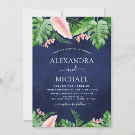 Invitación Boda azul de la Marina Verde de la Palm Watercolor