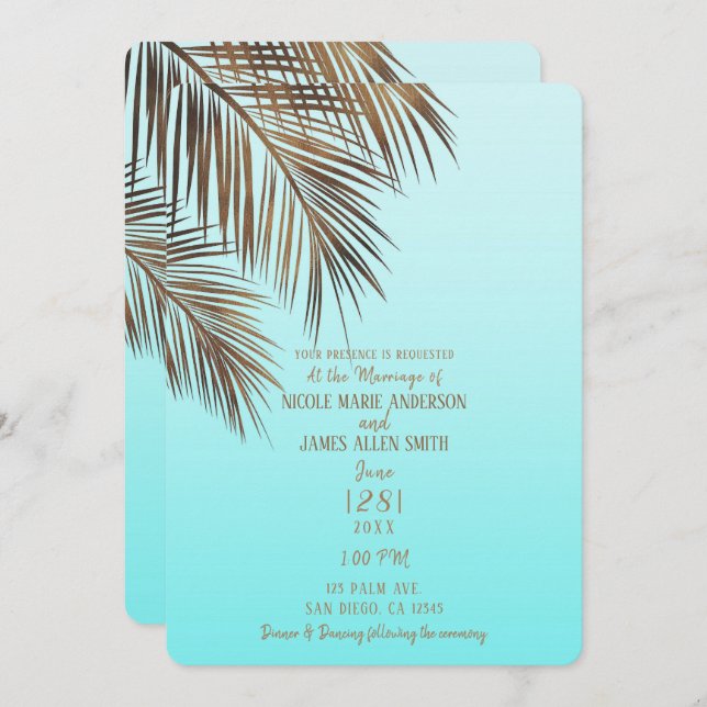 Invitación Boda azul de la palma de cobre de Bahama Breeze Aq (Anverso / Reverso)