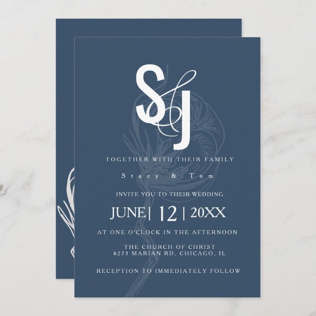 Invitación Boda azul de la planta de algodón botánico (Anverso / Reverso)