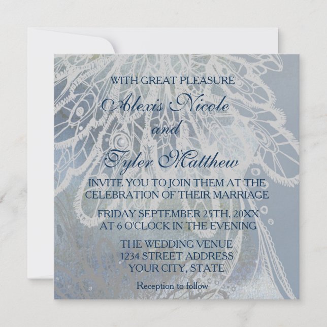 Invitación Boda azul de la silueta de la pareja de encaje (Anverso)