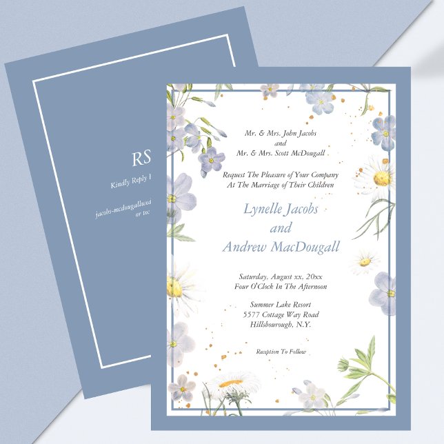 Invitación Boda azul de las flores de verano con RSVP (Summer Flowers Blue Wedding with RSVP Invitation)