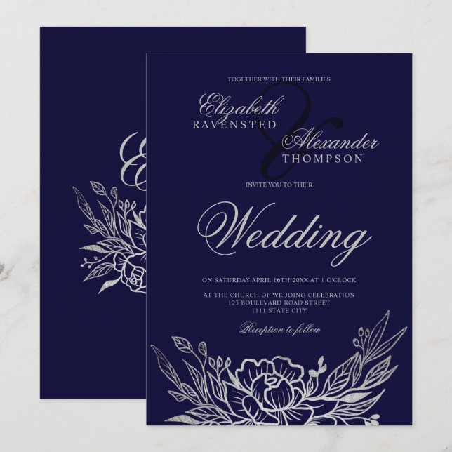Invitación boda azul de las peonías florales clásicas (Anverso / Reverso)