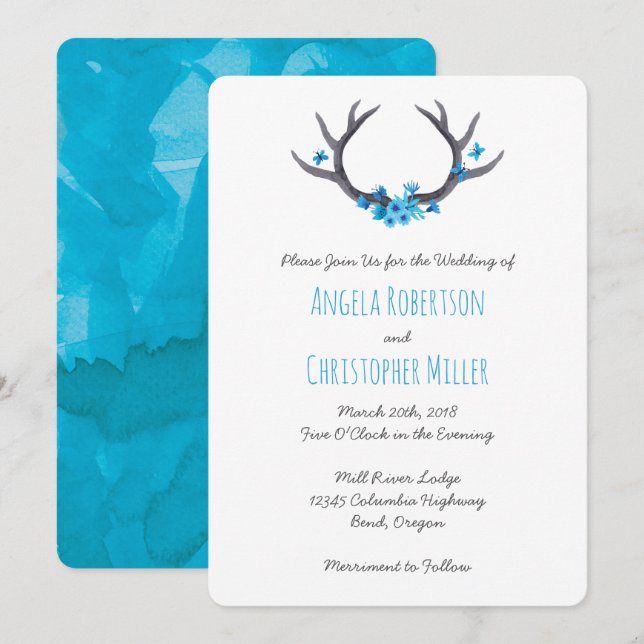 Invitación Boda azul de los Antlers del país (Anverso / Reverso)
