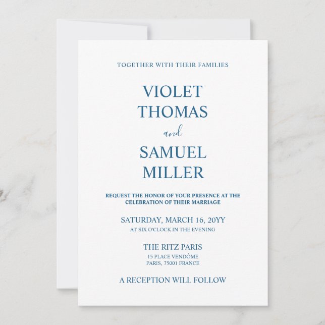 Invitación Boda Azul de Lujo Minimalista (Anverso)