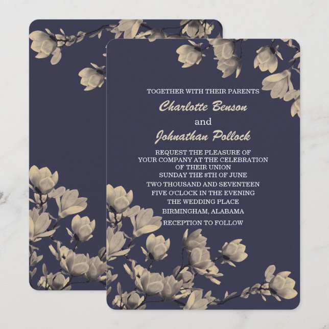 Invitación Boda azul de media noche de Southern Greige Magnol (Anverso / Reverso)