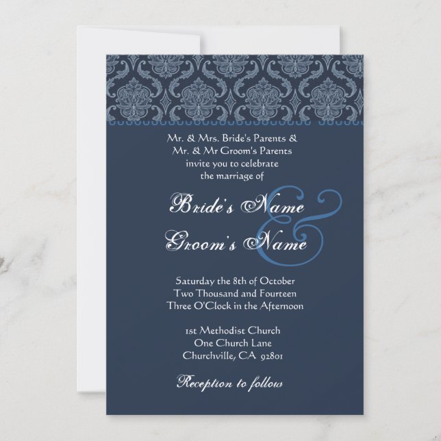 Invitación Boda azul de medianoche del damasco (Anverso)