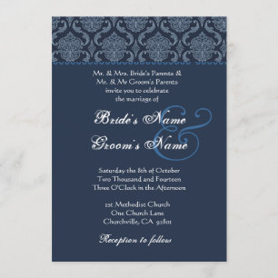 Invitación Boda azul de medianoche del damasco