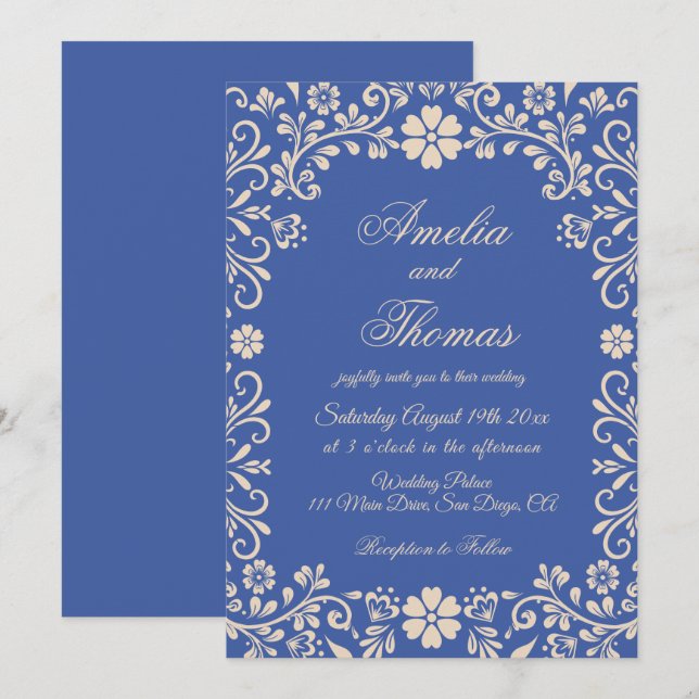 Invitación Boda azul de Ornamentos de época (Anverso / Reverso)