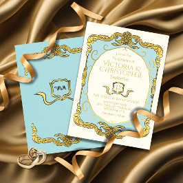 Invitación Boda azul de oro de Regencia barroca