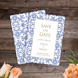 Invitación Boda azul de piedra con estampado salva las fechas