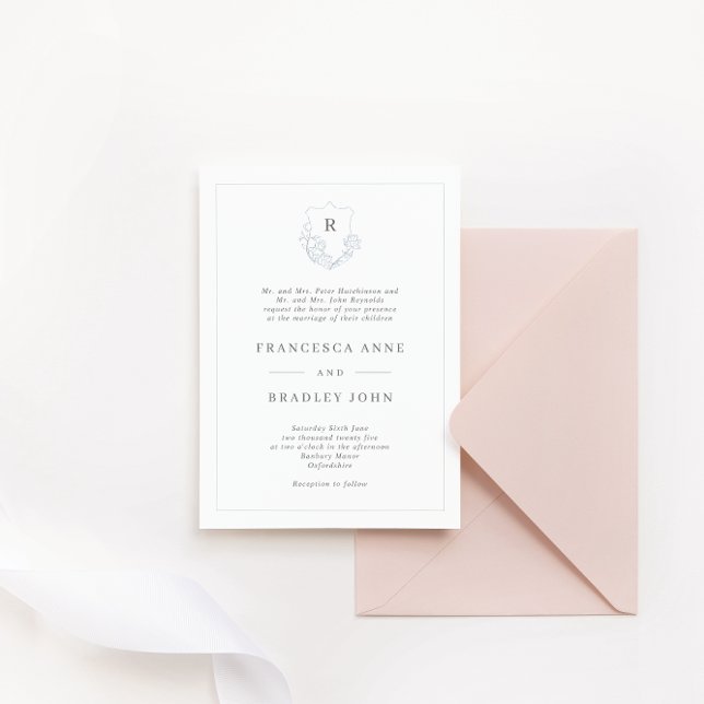 Invitación Boda azul de pizarra Escudo jazmín monograma clási (Subido por el creador)
