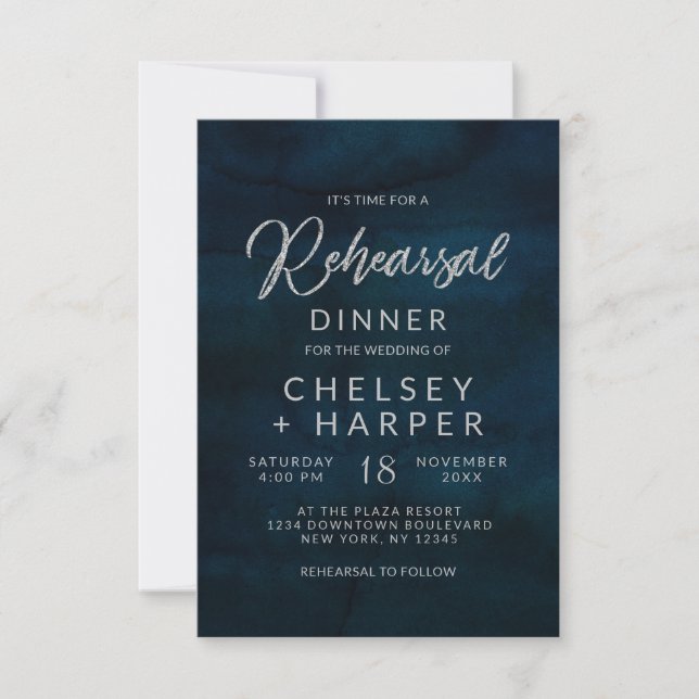Invitación Boda azul de plata de la marina Ensayo cena (Anverso)