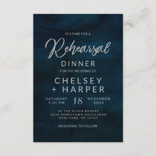 Invitación Boda azul de plata de la marina Ensayo cena