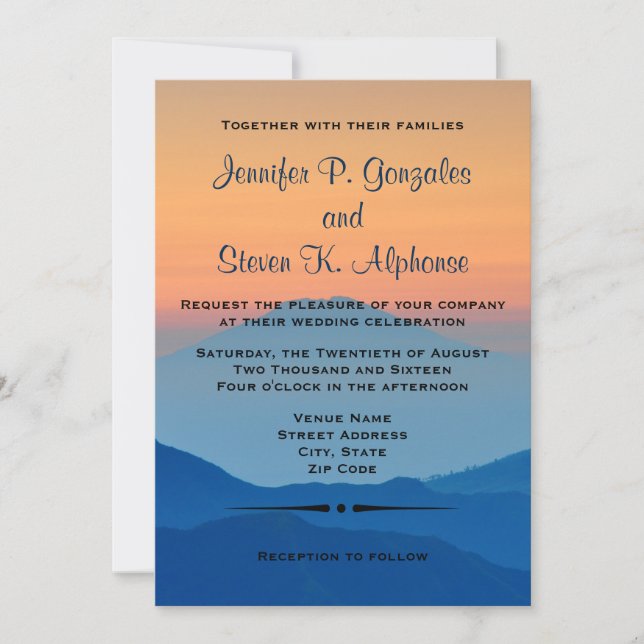 Invitación Boda azul de polvo de la montaña del atardecer (Anverso)