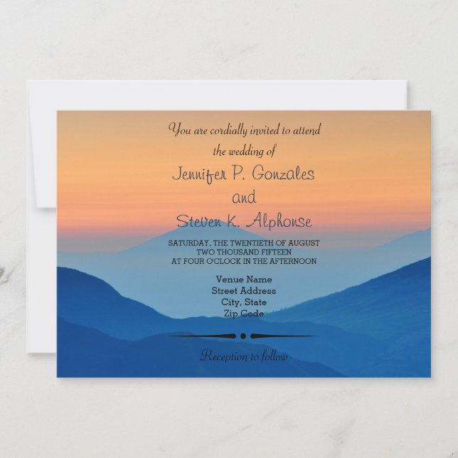 Invitación Boda azul de polvo de la montaña del atardecer (Anverso)