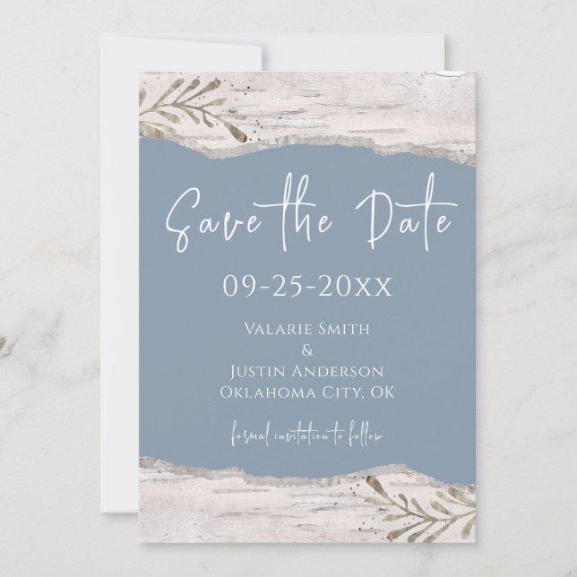 Invitación Boda azul de polvo de madera de Birch Save the Dat (Anverso)
