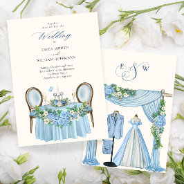 Invitación Boda azul decoración de jardín floral