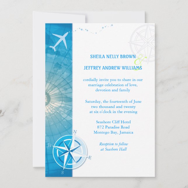 Invitación Boda azul del destino del buen viaje (Anverso)