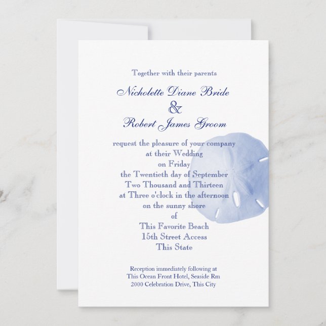 Invitación Boda azul del dólar de arena (Anverso)