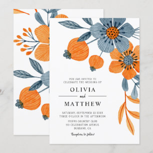 Invitación Boda azul del Naranja floral Boho en negrita