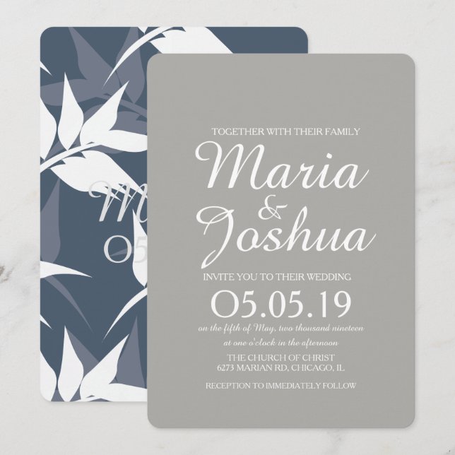Invitación Boda azul del patrón de hojas botánicas de la mari (Anverso / Reverso)