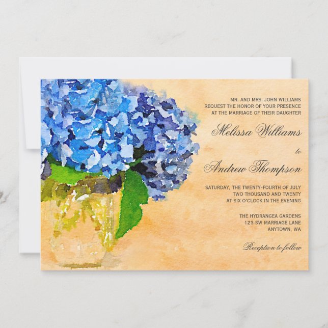 Invitación Boda azul del tarro de albañil de la acuarela del (Anverso)