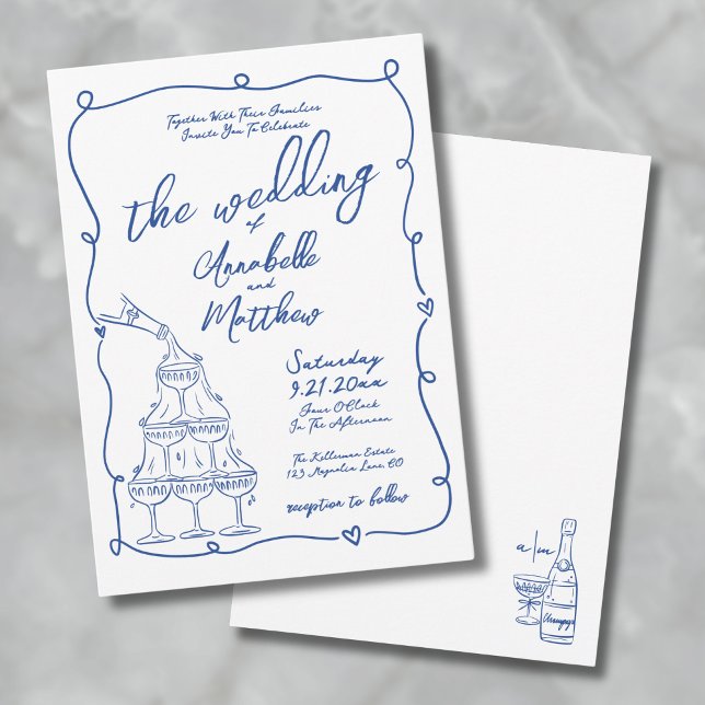 Invitación Boda Azul Dibujada a Mano Caprichosa (Whimsical Hand Drawn Blue Wedding Invitation)