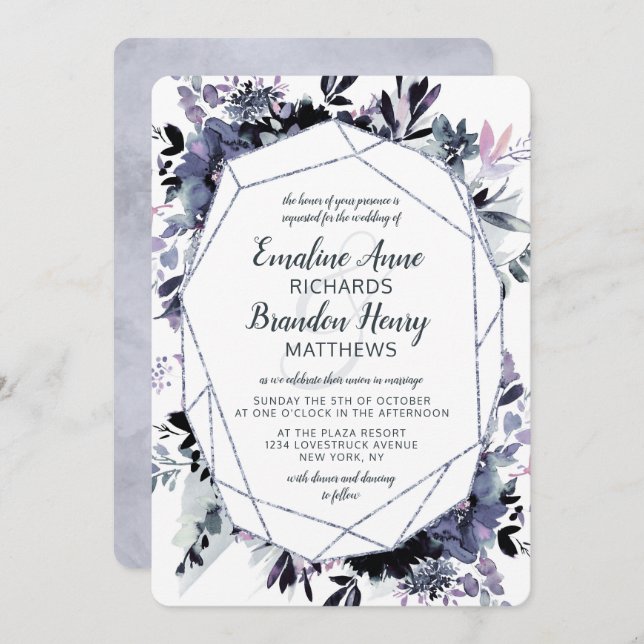 Invitación Boda Azul Dusto de Gema Plateado Floral Nocturonal (Anverso / Reverso)