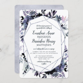 Invitación Boda Azul Dusto de Gema Plateado Floral Nocturonal