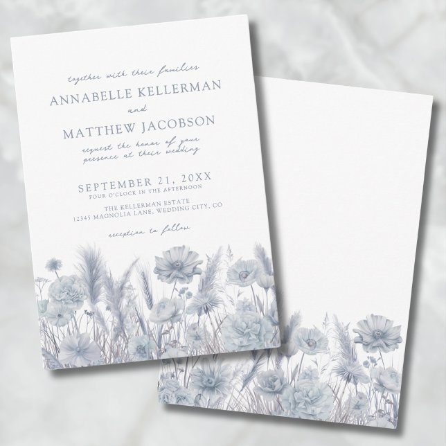 Invitación Boda Azul Dusto Floral De Pampas Botánicas (Botanical Pampas Floral Dusty Blue Wedding Invitation)