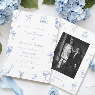 Invitación Boda azul Dusty de la foto dibujada a mano