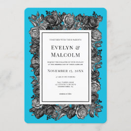 Invitación Boda azul eléctrico de rosas negras y blancas