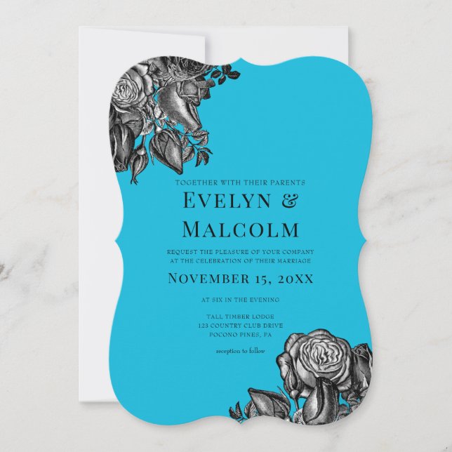 Invitación Boda azul eléctrico de rosas negras y blancas (Anverso)