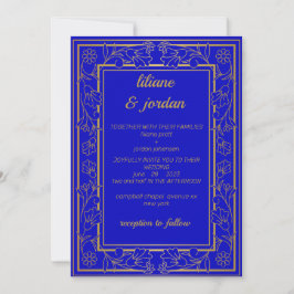 Invitación boda azul elegante de caligrafía dorada