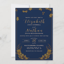 Invitación Boda azul elegante de la Marina Floral de Oro