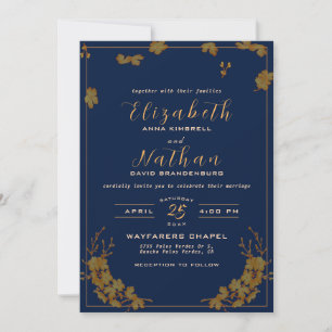 Invitación Boda azul elegante de la Marina Floral de Oro