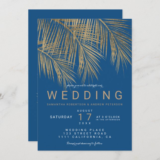 Invitación Boda azul elegante de la palmera dorada de la moda (Anverso / Reverso)