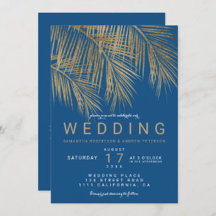 Invitación Boda azul elegante de la palmera dorada de la moda