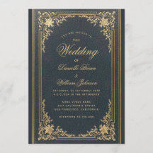 Boda Azul Elegante Vintage Caligrafía Dorada