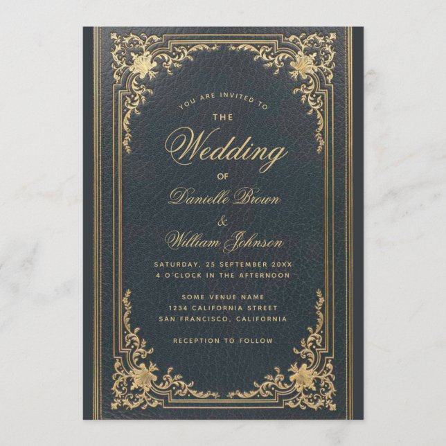 Invitación Boda Azul Elegante Vintage Caligrafía Dorada (Anverso)