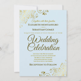 Invitación Boda azul en polvo de filigrí elegante dorado