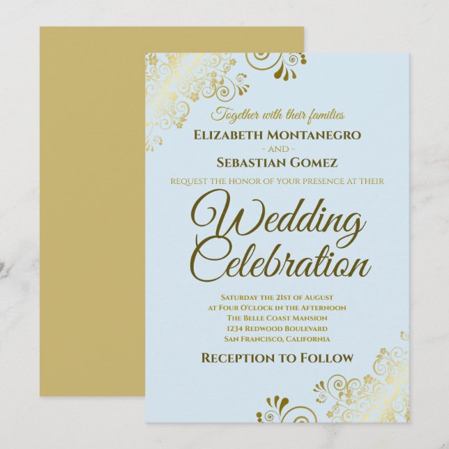 Invitación Boda azul en polvo de filigrí elegante dorado (Anverso / Reverso)