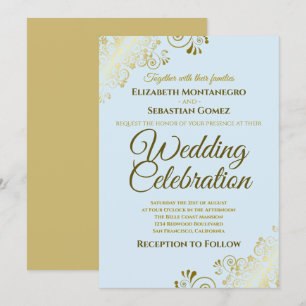 Invitación Boda azul en polvo de filigrí elegante dorado