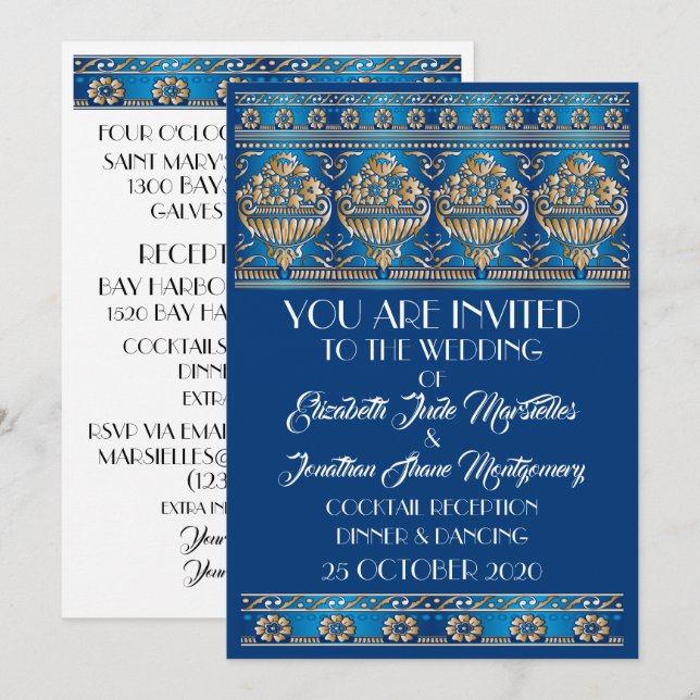 Invitación Boda azul encantador de oro antiguo - Acto formal (Anverso / Reverso)