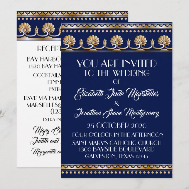 Invitación Boda azul encantador de oro antiguo - Acto formal (Anverso / Reverso)