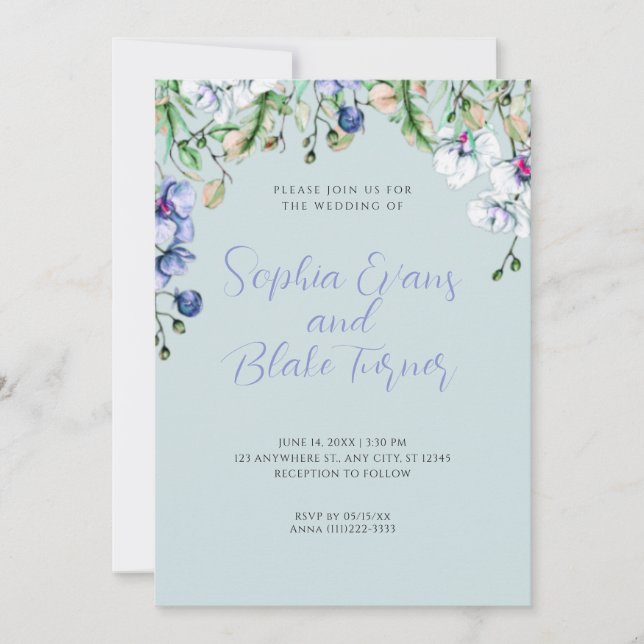 Invitación Boda azul floral azul, blanco y verde moderno (Anverso)